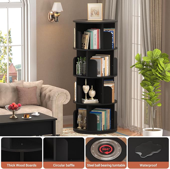 Besiost Rotating Bookshelf, Wood Corner Bookshelf, 360 Display Spinning Bookcase Storage Rack, 4 Tier Floor Standing Revolving Bookcase Narrow Book Shelf Organizer for Small Space, Bedroom, Black