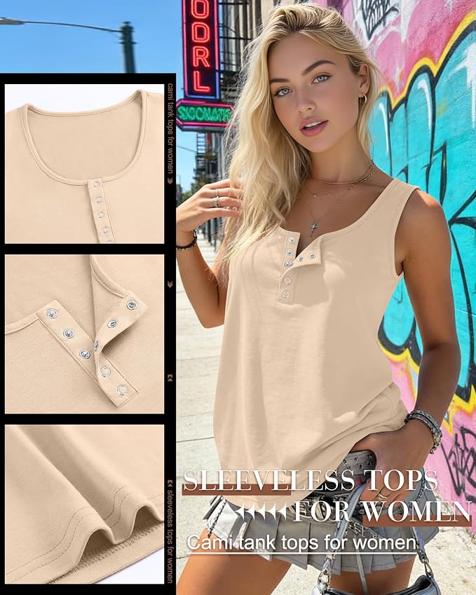 Ficerd 3 Pack Women's Henley Tank Tops Sleeveless Button Down Summer Shirts 2026 Casual Trendy Loose U Neck Tee Blouses