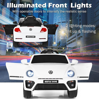 Costzon Ride on Car, 12V Licensed Volkswagen Beetle Battery Powered Vehicle w/Remote Control, Spring Suspension, Lights, USB, Horn, Music, 4 Wheeler for Boy Girl Gift, Electric Car for Kids, White
