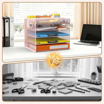Docnest 5 Tier Desk Organizer with Hanging File Folder Holder&Tray, Pink | Features 3 detachable pen holders and 4 removable dividers.Versatile mesh desktop storage for mail, document,office supplie