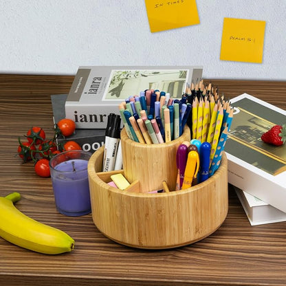 Utoplike Bamboo Rotating Art Supply Desk Organizer, Pencil Holder Desktop | Desktop Storage Caddy for Pen, Colored Pencil, Crayon, Paint Brushes, Art Studio & Office