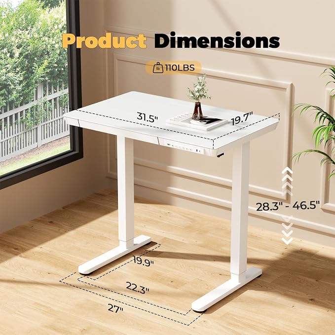 32" Glass Standing Desk with Drawer, Small Electric Desk | Height Adjustable Quick Install One-Piece Tabletop with USB Charging Ports, Sit Stand Computer Desk for Compact Space, White