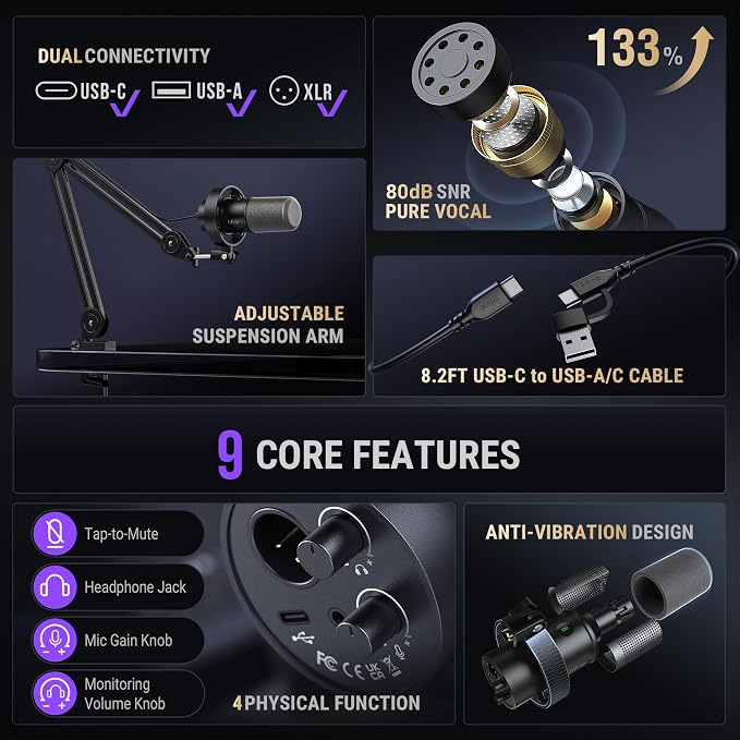 FIFINE AmpliTank K688T Dynamic Microphone Set, Podcast XLR/USB Mic | Studio Streaming Mic with Heavy Duty Boom Arm, Mute Tap, Headphone Jack, for Vocal Content Creation Recording, Metal Built