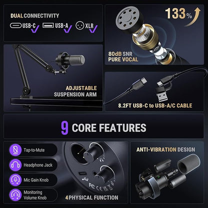 FIFINE AmpliTank K688T Dynamic Microphone Set, Podcast XLR/USB Mic | Studio Streaming Mic with Heavy Duty Boom Arm, Mute Tap, Headphone Jack, for Vocal Content Creation Recording, Metal Built