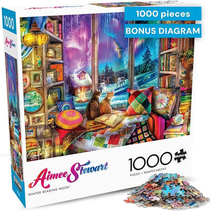 Buffalo Games - 1000 Piece Jigsaw Puzzle - Aimee Stewart - Northern Lights Cats - Winter Scene - Challenging Puzzles for Adults and Families