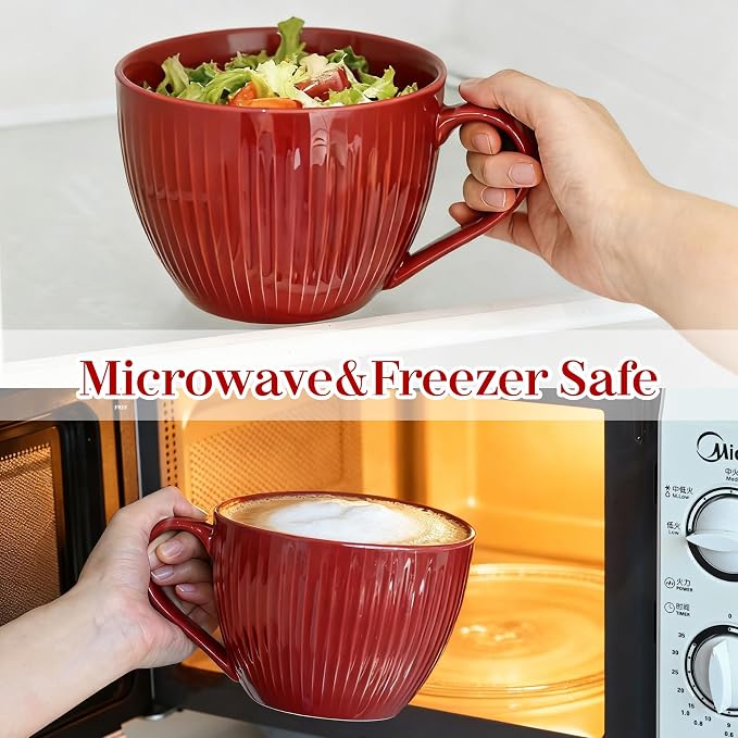 24 oz Large Ceramic Coffee Mug Set of 2, Red & Green Ribbed | Jumbo Mugs with Handle, Giant Soup Cups for Hot Chocolate, Latte, Oatmeal - Ideal Gift for Dad & Grandpa, Large Soup Bowl