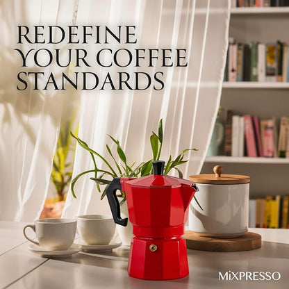 Mixpresso 3 Cup Moka Pot Stovetop Espresso Maker, Italian Cuban Coffee Pot | 5oz aluminum Italian coffee maker for gas and electric stovetops, small design for traditional espresso-style coffee at home