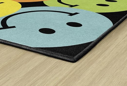 Flagship Carpets Schoolgirl Style Big Rainbow Smiley Faces Educational Area Rug for Kids Room Seating Décor, Children's Classroom, Play Carpet for Teaching and Playroom, 7'6" x 12', Black & Multi