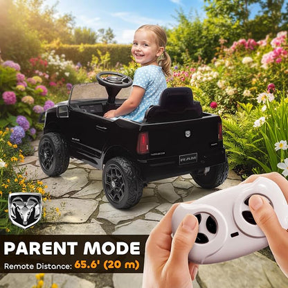 Qaba 12V Kids Ride on Car, Licensed Dodge RAM 3500 Electric Car for Kids with Dual Motors, Parent Remote Control, Rear Suspension, Power Display, Bluetooth Music and LED Lights, Black