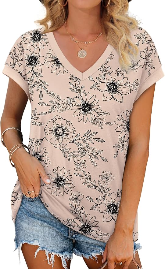 WIHOLL Womens Summer Tops 2026 Cap Short Sleeve Shirs V Neck T Shirts Fashion Beach Vacation Clothes Color Block