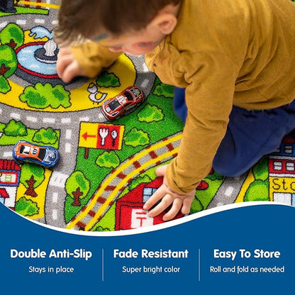 Booooom Jackson City Playmat Rug, Green, 60 x 32 inches, Non-Slip, Machine Washable, Compatible with Hot Wheels and Matchbox Cars, Ideal for Kids Room or Playroom