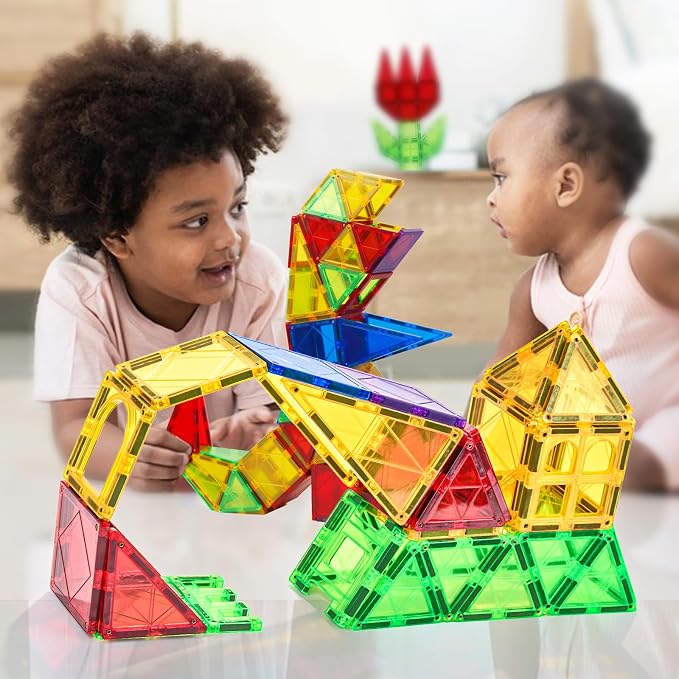 Magnetic Tiles Toys for Kids Preschool Learning, Magnetic Blocks Sensory Montessori Toys Set All Pieces with Magnets, Ideal STEM Educational Construction Gifts for 3+ Year Old Boys and Girls 32PCS