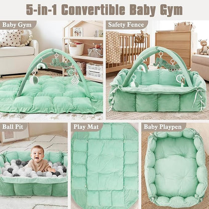 5-in-1 Plush Baby Play Gym, Baby Play Mats, Convertible Baby Gym, Tummy time mat, 6 Sensory Toys, Activity Center, Ball Pit, Sage Green
