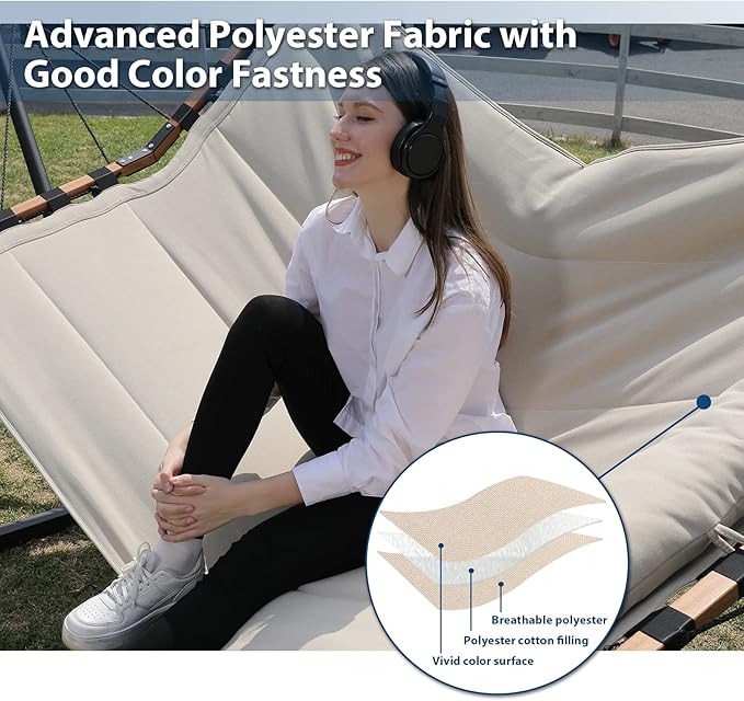 TegerDeger 12FT 2 Person Hammock Large Hammock 450LB Capacity with V Shaped Hardwood Spreader Bar & Nylon Rope for Outside, Patio, Garden, Backyard, Beach, Poolside - Beige