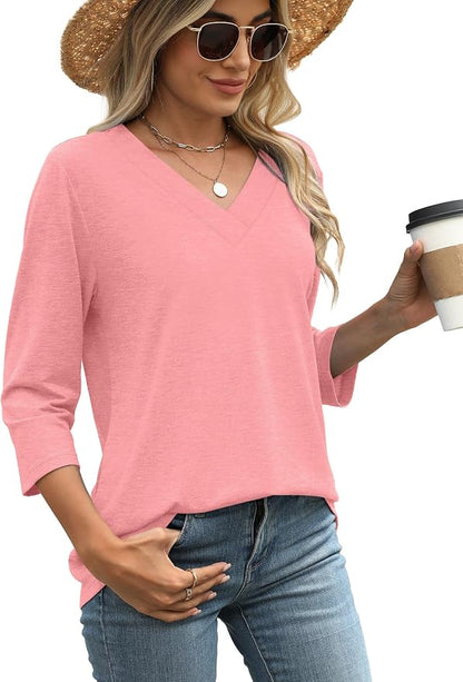 WIHOLL Womens Tops 3/4 Length Sleeve V Neck Casual Tunic Tops Basic Shirts Loose Fit Blouse