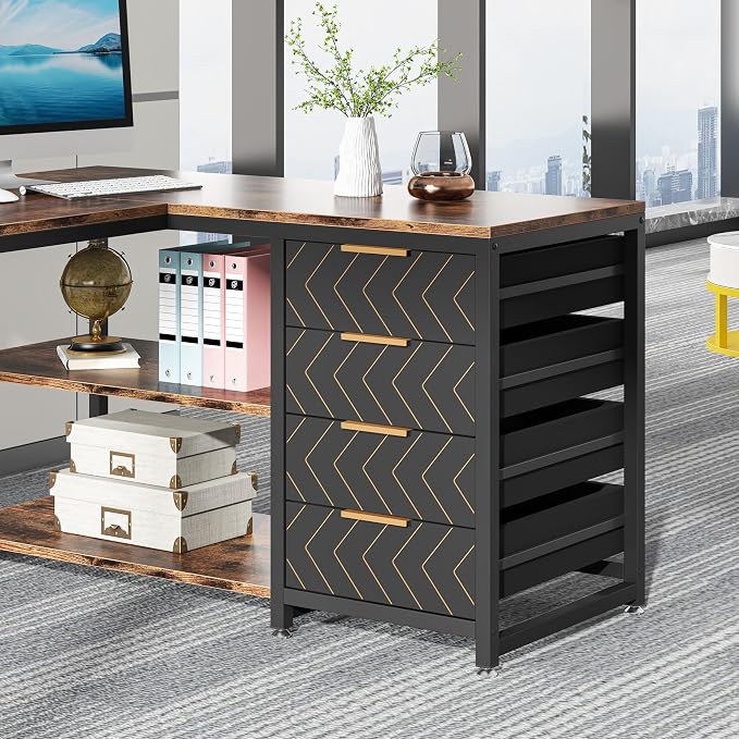 Tribesigns L Shaped Computer Desk with Storage Drawers, 59 inch Corner Desk with Shelves, Reversible L-Shaped Office Desk Study Writing Table Workstation for Home Office, Brown