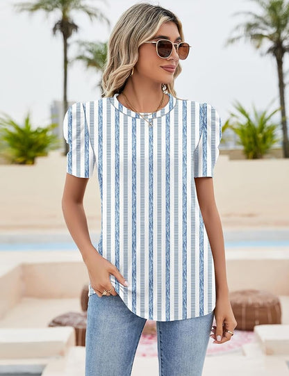 Ivicoer Puff Short Sleeve Shirt for Women Eyelet Tops Summer Crewneck Blouse Loose Fit S-XXL