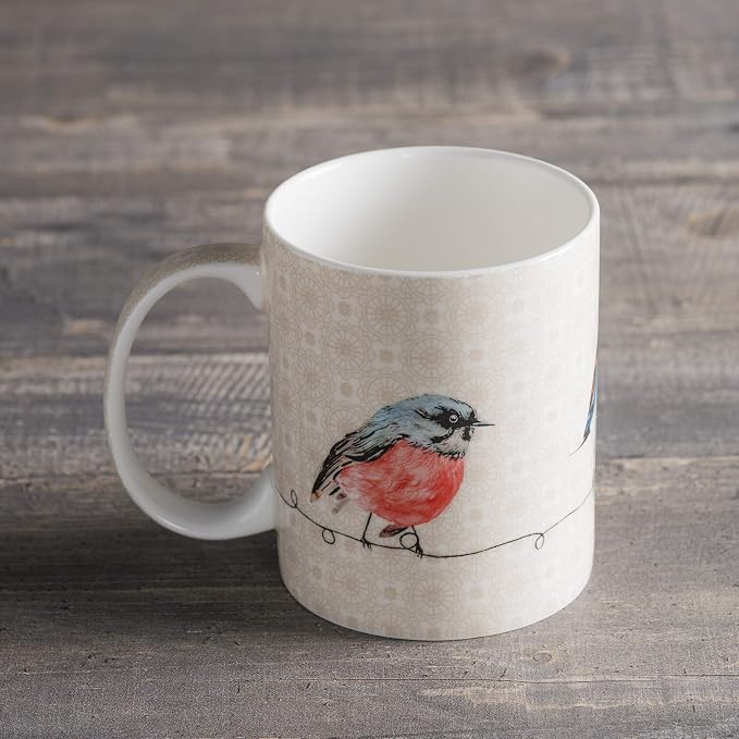 Maison d' Hermine Coffee Mug with Handles Tea Cups (12 Ounce, Pack of 1) | Fine Bone China Coffee Mugs for Hot Beverages Cappuccino Latte Home Restaurant Hotel Spring Summer -Birdies on Wire - Robin