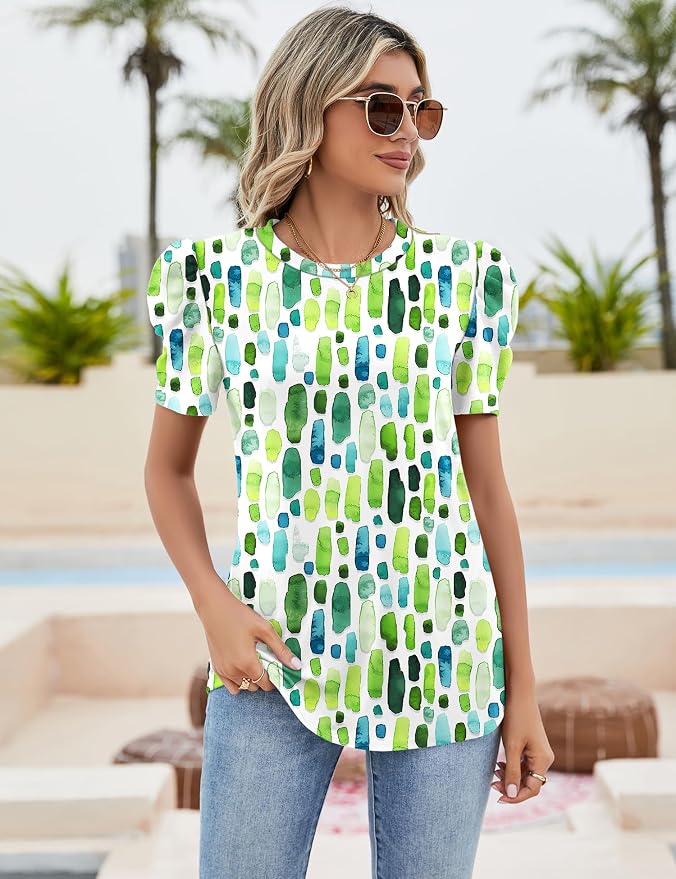 Ivicoer Puff Short Sleeve Shirt for Women Eyelet Tops Summer Crewneck Blouse Loose Fit S-XXL