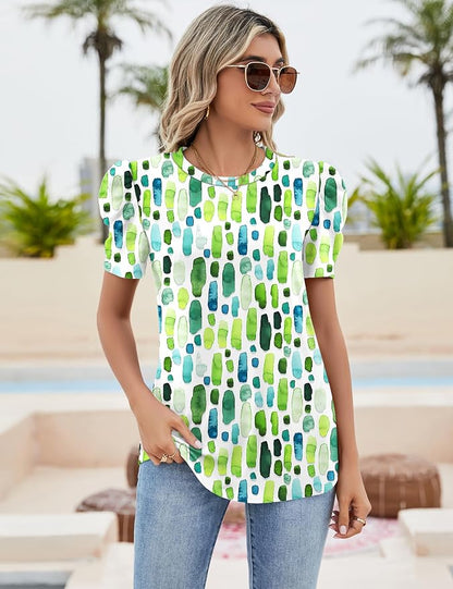 Ivicoer Puff Short Sleeve Shirt for Women Eyelet Tops Summer Crewneck Blouse Loose Fit S-XXL
