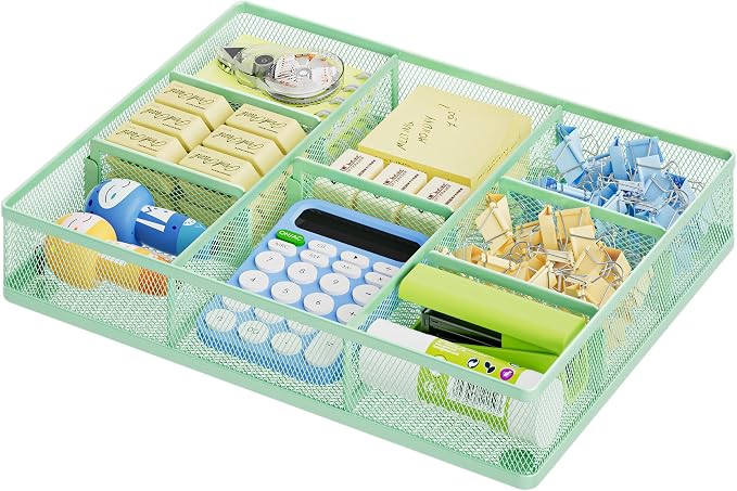 Marbrasse Desk Drawer Organizer, Metal Mesh Drawer Organizer Tray with 5 Adjustable Compartments,Desk Organizers and Accessories for Home,Office,Kitchen,Makeup,Vanity (Green)