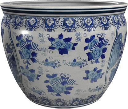 Red Lantern 14" Ladies Blue & White Porcelain Fishbowl
