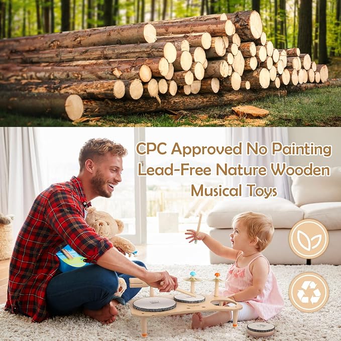Kids Drum Set for Toddlers 3+, 8 in 1 Montessori Musical Instruments - Wooden Musical Toys for Baby Easter Christmas Birthday Gifts for Preschool Learning Music for Boys Girls Age 3 4 5 6