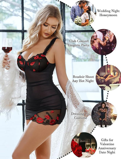 Avidlove Lingerie for Women Mesh Babydoll Lingeries Lace Chemise Floral Sleepwear Dress Sheer Exotic Boudoir Outfit S-XXL