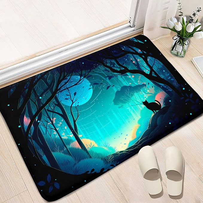 Cat Rug - Magic Black Cat Rug for Home Decor Moon Black Cat Rug for Boys Room Cat Door Mats Outdoor Entrance Forestscape Cat Rug, 2x3 Feet