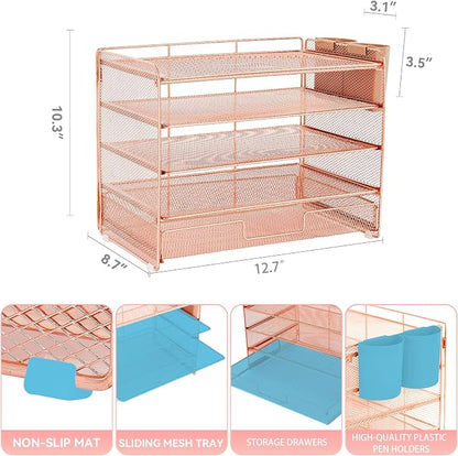 LEKETREE Desk Organizer and Accessories, 5-Tier Paper Letter Tray Organizer with Drawer & 2 Pen Holders for Desktop File Organization, Office Desk Accessories for Supplies Storage (Rose Gold)