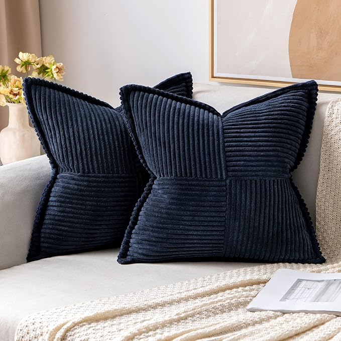 MIULEE Decorative Throw Pillow Covers for Couch Bed Livingroom 20x20 Inch Set of 2 Navy Blue Boho Accent Throw Pllows Broadside Striped Patchwork Soft Corduroy Summer Coastal Pillowcases