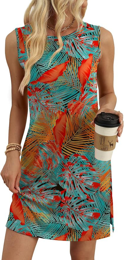 WIHOLL Casual Dresses for Women Crewneck Sleeveless Tank Dress Summer Spring Boho Vacation Clothes