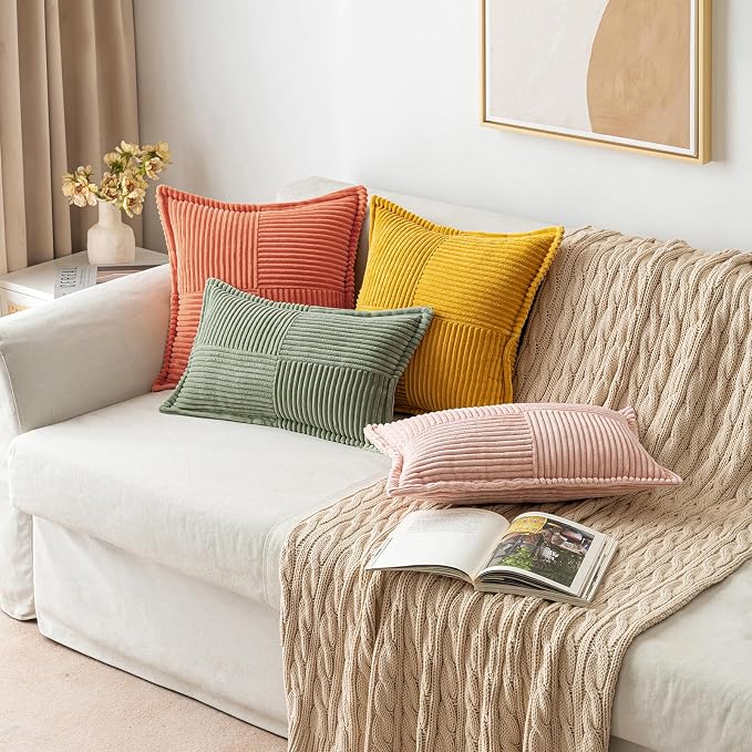 MIULEE Decorative Euro Sham Throw Pillow Covers for Couch Bed Livingroom 24x24 Inch Set of 2 Light Olive Green Boho Accent Throw Pllows Broadside Striped Patchwork Soft Corduroy Summer Pillowcases