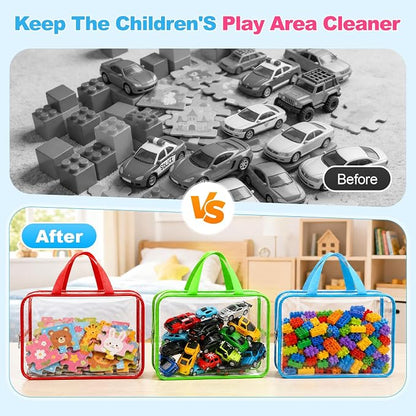 6 Pack Clear Toy Storage Bags with Zippers, Multi-Color Toy Organizer with Handles, Premium Plastic Toy Organizers and Storage for Building Blocks, Lego, puzzle, Crafts, Travel Essentials