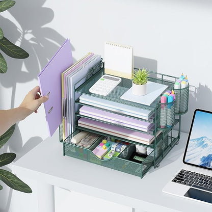 gianotter 5-Tier Desk Organizer with Drawers and File Holders | Letter Trays and Pen Holders - Workspace Accessories for Office Supplies (Green)