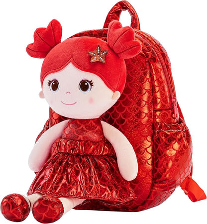 Lazada Toddler Backpack - Baby Girl Gifts Plush Doll Dress Backpack - Fashion Girls Tina Fish Scale Series - Red 11 Inches