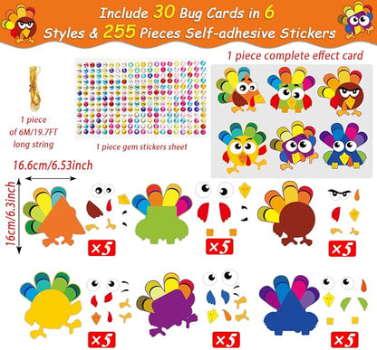 chiazllta 30Pcs Thanksgiving Craft Kits DIY Turkey Craft, Fall Art Craft Make Your Own Turkey Card Sticker Set for Home Game Activities