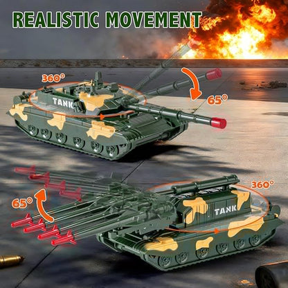 HAPYAD Green Military Big Truck Set Metal Cab, Semi Truck with Trailer, Tank, Missile Tank, Die-cast Army Vehicles Toys with Lights & Sounds, Ideal Gift for 3 4 5 6 7 Years Old Boys Kids Toddlers