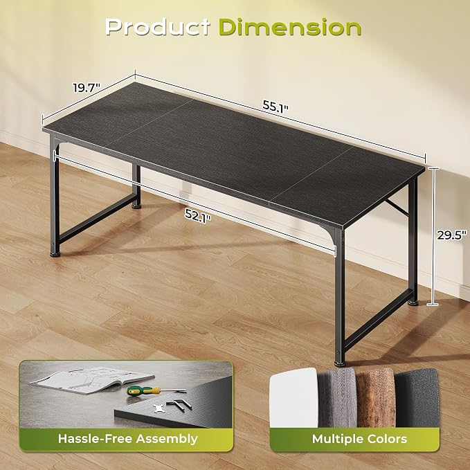 PRAISUN 55 Inch Computer Desk, Home Office Desk with Spacious Desktop, Black
