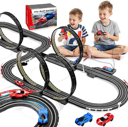 Slot Car Race Track Set for Kids Ages 6-12 Boys & Girls, Dual Racing Game 2 High-Speed Cars 1:64 Scale, Battery or Electric Powered Plug-in Track, Gift Toy Stocking Stuffers for Children