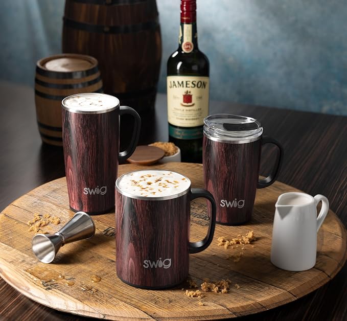 Swig Life 22oz Insulated Travel Mug with Handle & Lid, Bourbon Barrel | Triple Insulated Stainless Steel - Handle & Lid Included - Keeps Coffee Hot or Cold - Cup Holder Friendly