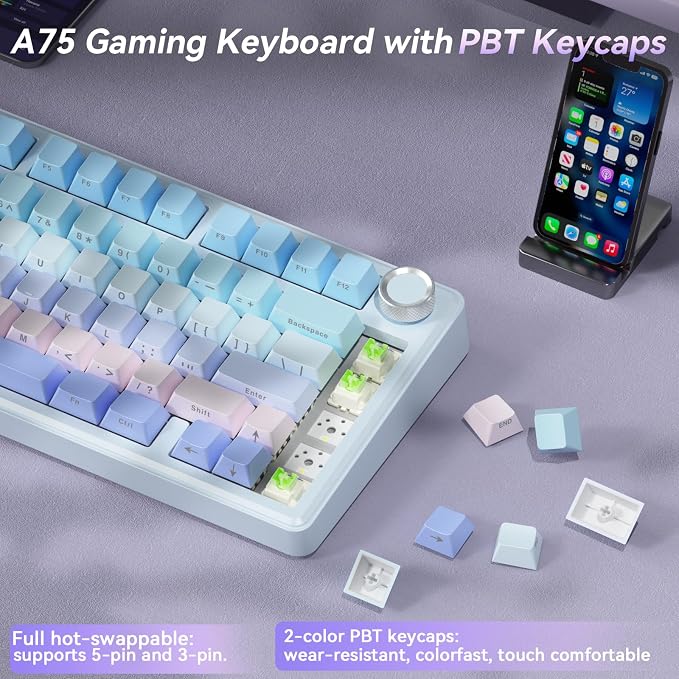 SOLAKAKA A75 Wireless Mechanical Keyboard, Hot Swappable Gaming Keyboard with RGB Backlit, Multifunction Knob, Gasket Mounted Creamy Keyboard, BT5.0/2.4GHz/USB-C, 75% Compact Layout for Win/Mac/PC