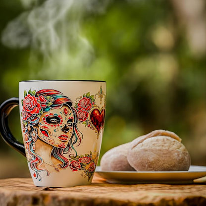 Color Changing Sugar Skull Coffee Mug 12oz – Heat Sensitive Ceramic Cup with Day of the Dead Skull & Floral Design, Gothic Halloween Theme Mug, Unique Christmas Holiday Birthday Gift for Men & Women