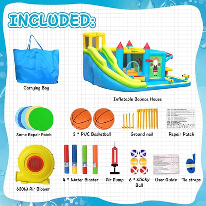 FBSPORT Inflatable Bounce House Water Slide, Bounce House for Kids with Toy Market Stand Splash Pool Bouncer Climbing Wall Water Gun Ball Dart, Bouncy Castle W/620W Blower for Outdoor Indoor, Green