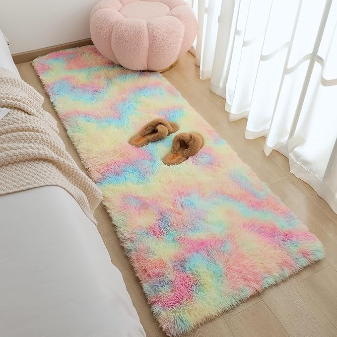 AROGAN Soft Rainbow Area Rugs for Girls Room 2x6 Feet, Fluffy Girls Bedroom Rugs, Princess Rug, Cute Colorful Carpet for Kids Teens Nursery Toddler, Pink