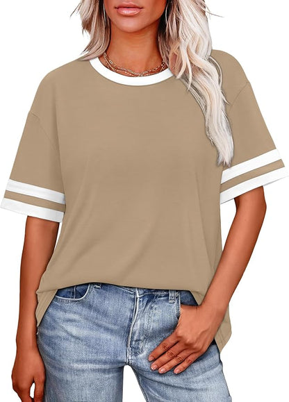 WIHOLL Womens T Shirts Loose Fit Short Sleeve Tees Crew Neck Color Block Summer Tops 2026 Fashion