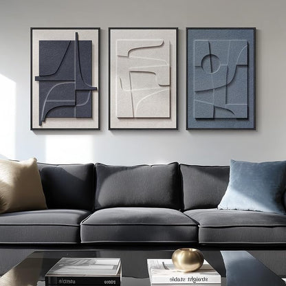 3D Textured Framed Blue and White Abstract Wall Art, 3 Piece Modern Artwork for Walls, Minimalist Navy Blue Geometric Wall Paintings for Living Room, Bedroom, Dining Room, Office Wall Decor 16x24 In