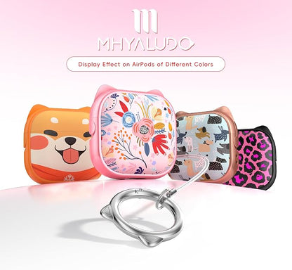 for AirPods 4 Case with Cleaning Kit, Cute Cat Ear Print Design & Cute Buckle, Inverted Phone Holder Design, Top Safe Lock Buckle Design, for Girls AirPods 4 case 2024, Pink Flower