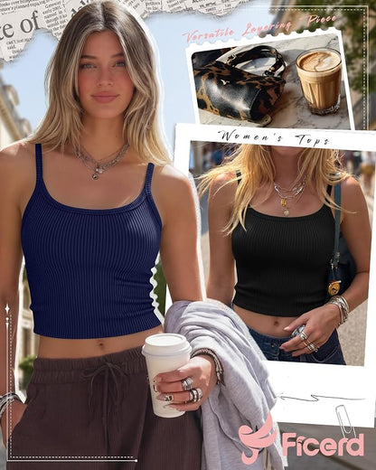 Ficerd 3 Pack Women's Tank Tops 95% Cotton Spaghetti Strap Ribbed Crop Camisole Slim Fitted Basic Summer Sleeveless Layer