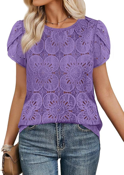 OFEEFAN Blouses for Women Dressy Casual Petal Short Sleeve Shirts Crochet Lace Boho Tops Spring Fashion Summer Outfits